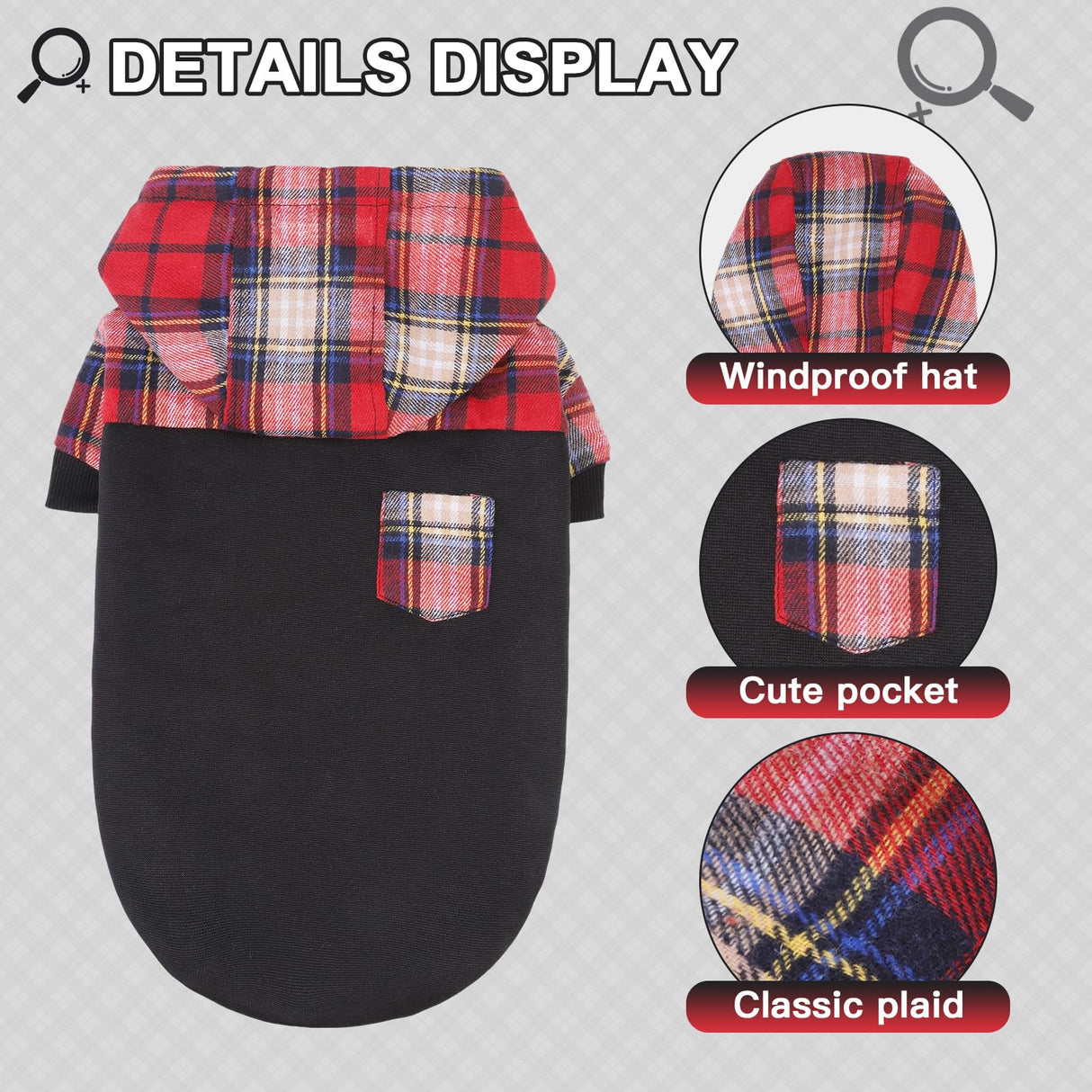 K9meme Plaid Hoodie for Small Medium Large Dogs, Warm Sweatshirt With Hat and Leash Hole, Clothes for Puppy Bulldog XS S M L Sized Breeds, Soft Pullover Fleece Sweater
