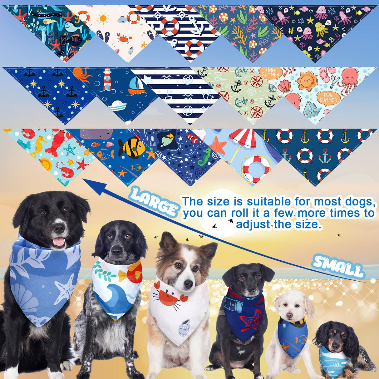 Huhumy 150 Pcs Ocean Dog Bandanas Bulk Summer Pet Bibs Triangle Ocean Themed Pet Scarf Bandanas for Medium Large Dogs Birthday Summer Beach Costume Decoration