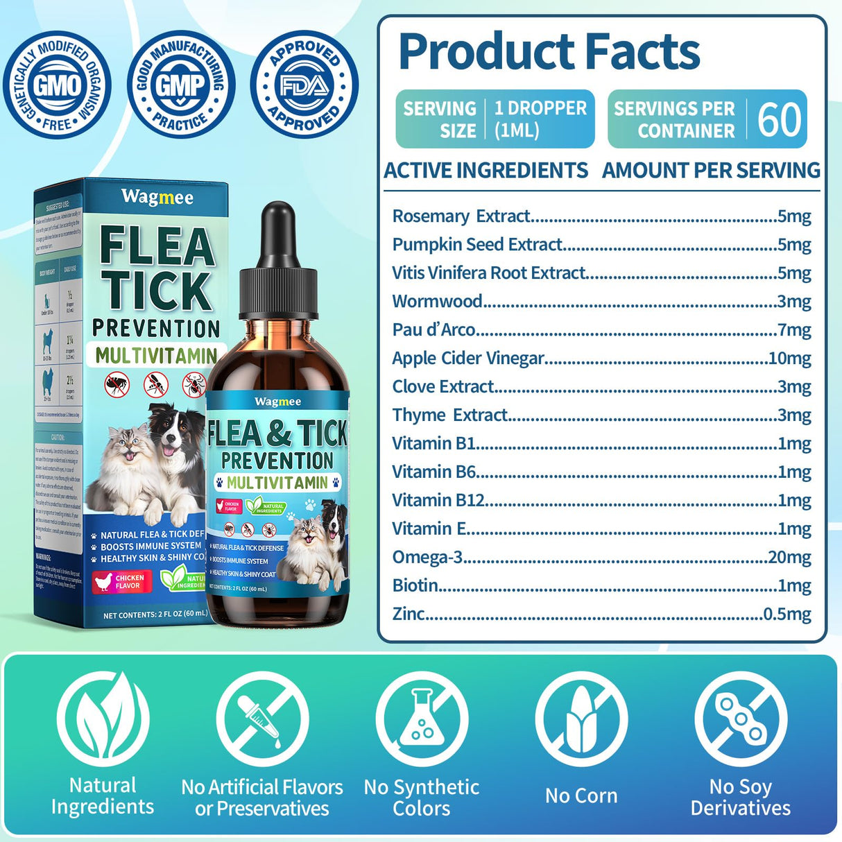 Oral Flea & Tick Support for Dogs and Cats, Natural Flea and Tick Prevention with Multivitamins - Flea Herbal Supplement Drops for Healthy Skin & Shiny Coat Support - All Breeds and Ages - Chicken