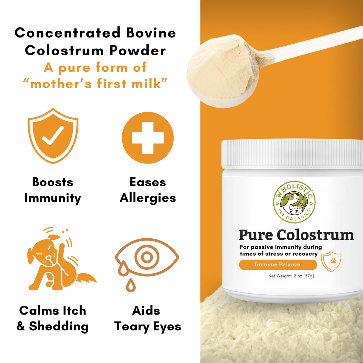Wholistic Pet Organics Colostrum for Dogs & Cats - Bovine Colostrum Powder - Cat & Dog Allergy Relief, Immune Support & Itching Skin Relief - Cat and Dog Vitamins for Itchy Skin - 2 oz - 140 Scoops