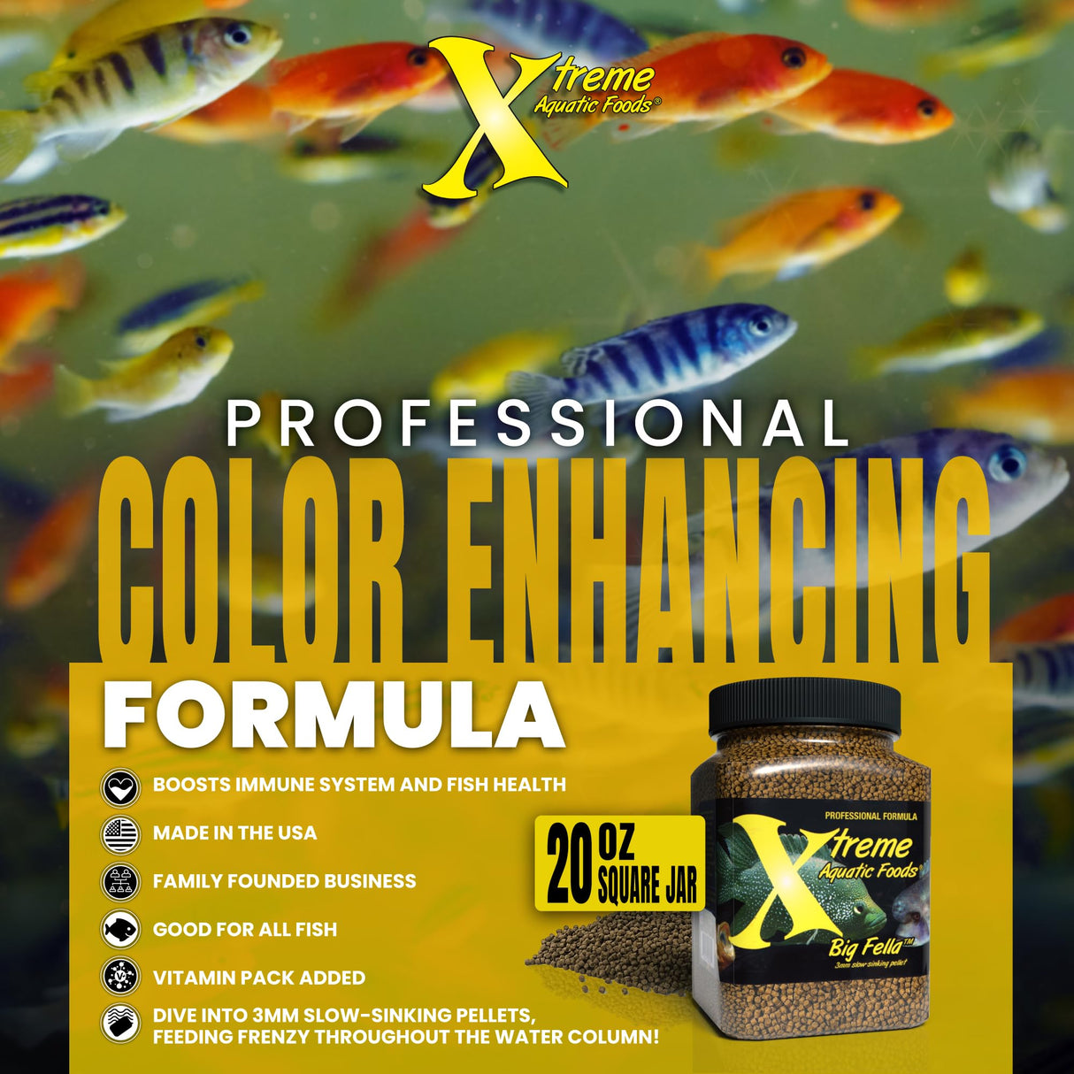 Xtreme Big Fella 3.0mm Pellets: Professional Nutrition for Medium to Large Cichlid/Community Fish - Boost Immune & Digestive Health, Color & Energy, Max Protein Fish Food – USA Farm Grown (20oz)