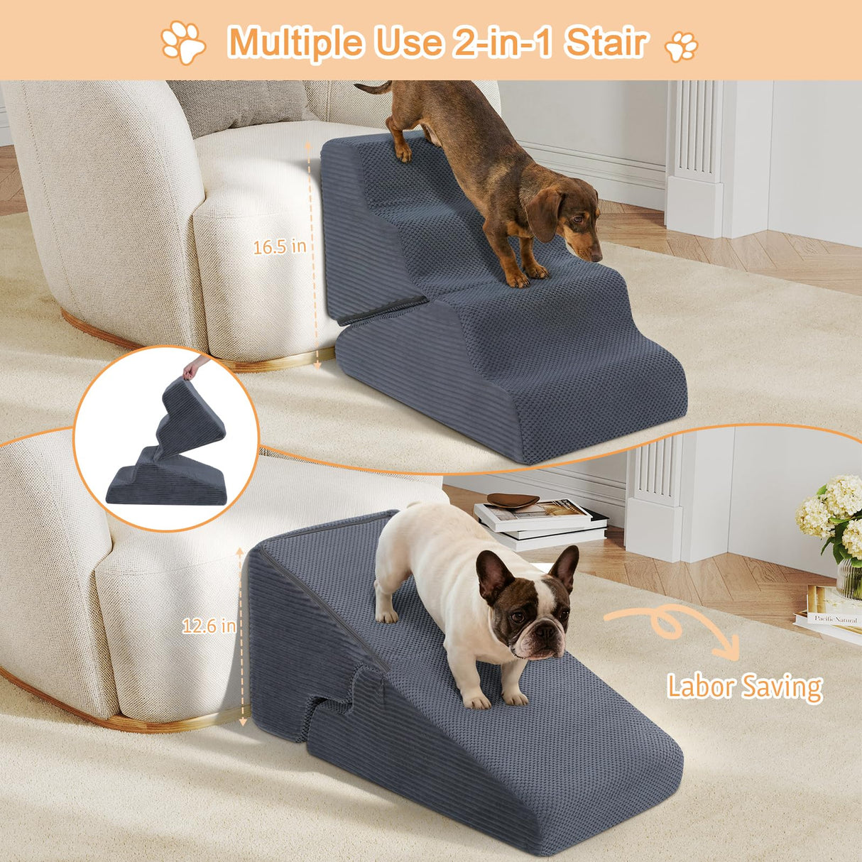 PRIMEPATIO Dog Ramp for Bed, 20" H Dog Stairs for High Bed, 2 in 1 Pet Steps for Small Dogs, 4-Step Foldable Transformable Large Cats Ramp to Get on Couch, Non-Slip Balanced, Grey