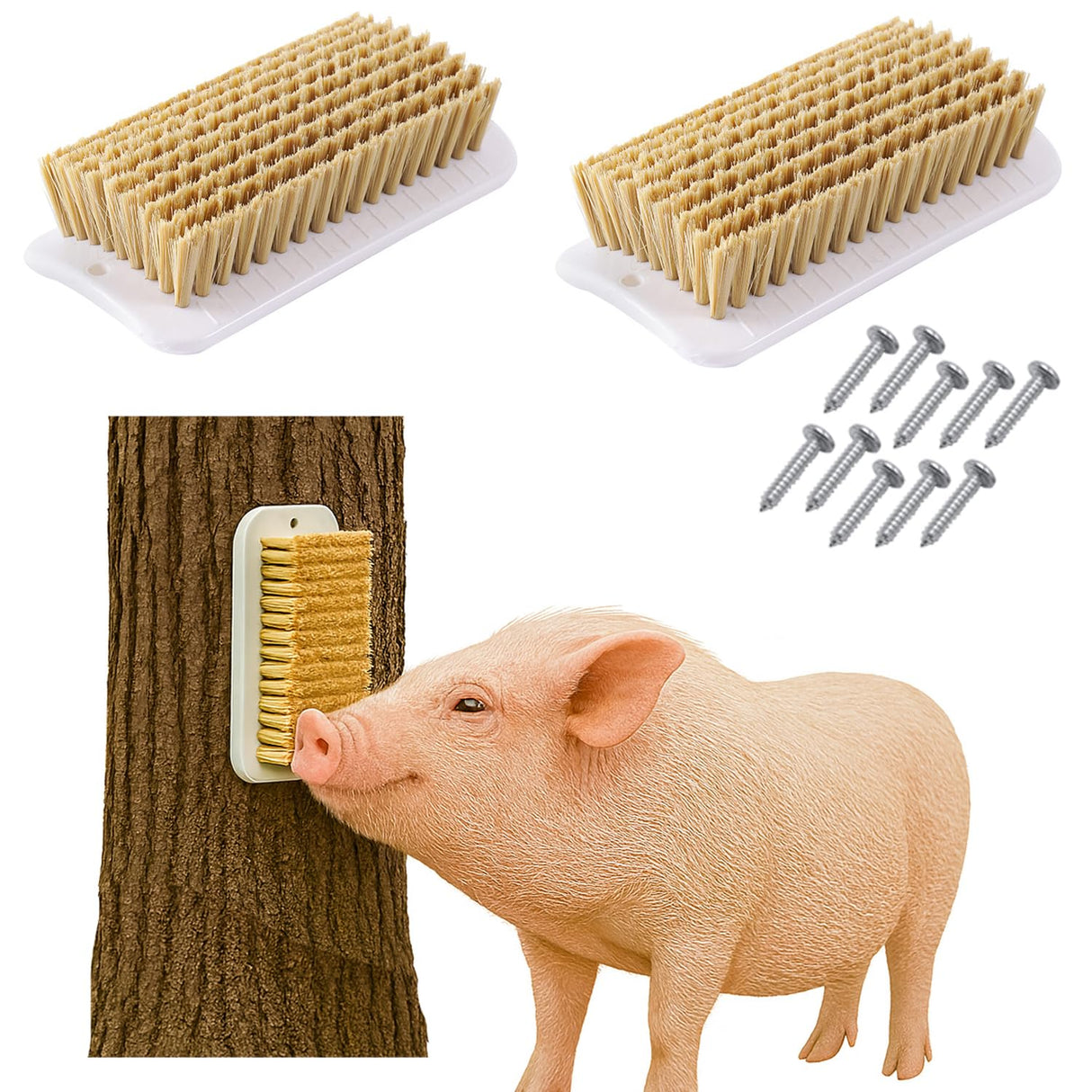2Pcs Pig Enrichment Toy, 2-in-1 Self-Grooming and Scratch Brush for Mini Pigs, Encourages Natural Behavior, Reduces Stress, Easy Install for Pens, Barns, or Yards