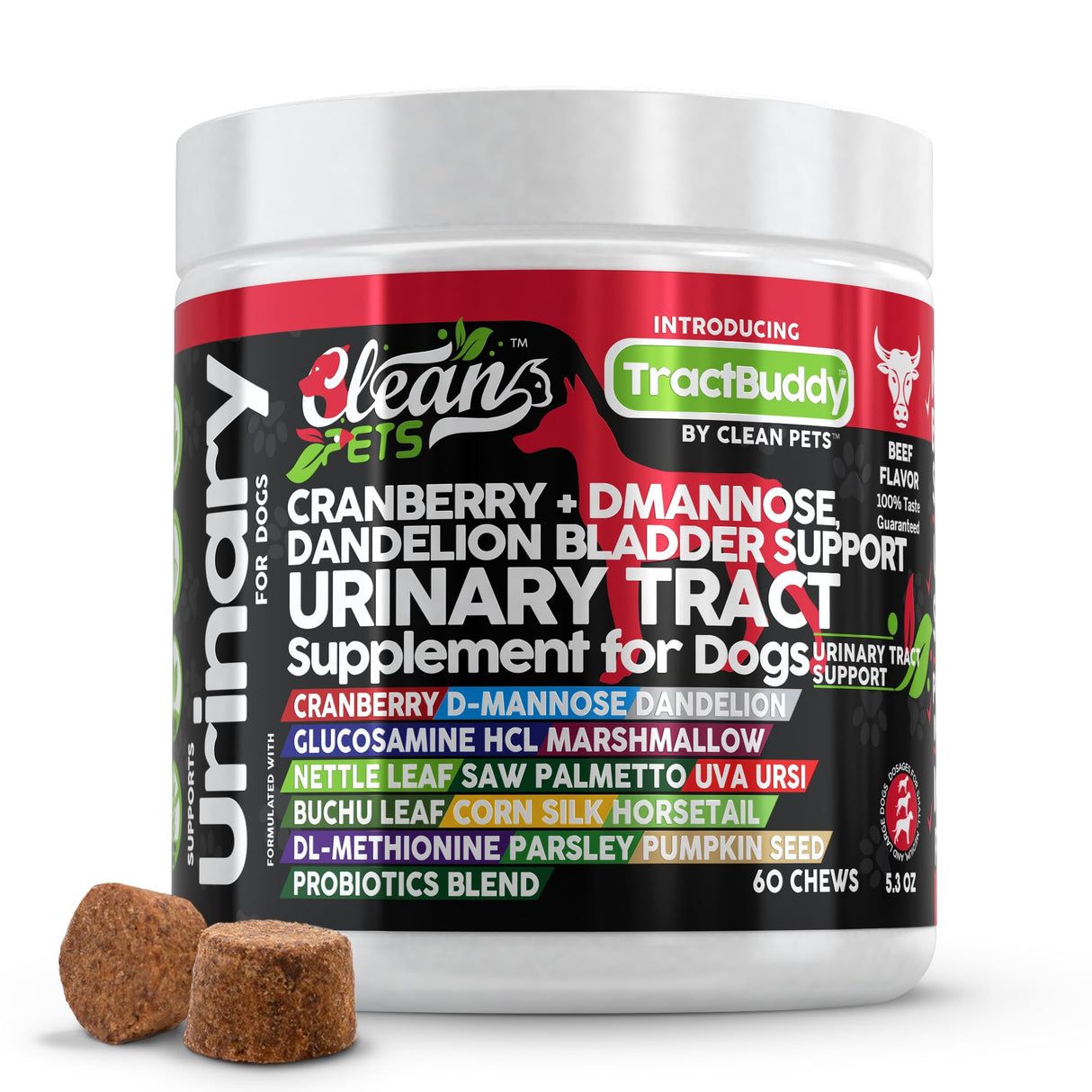 Clean Pets Cranberry for Dogs Urinary Tract Support | D-Mannose UTI Bladder Stones Dandelion Glucosamine HCL Marshmallow Nettle Leaf Saw Palmetto Uva Ursi Buchu Horsetail Methionine Parsley Supplement