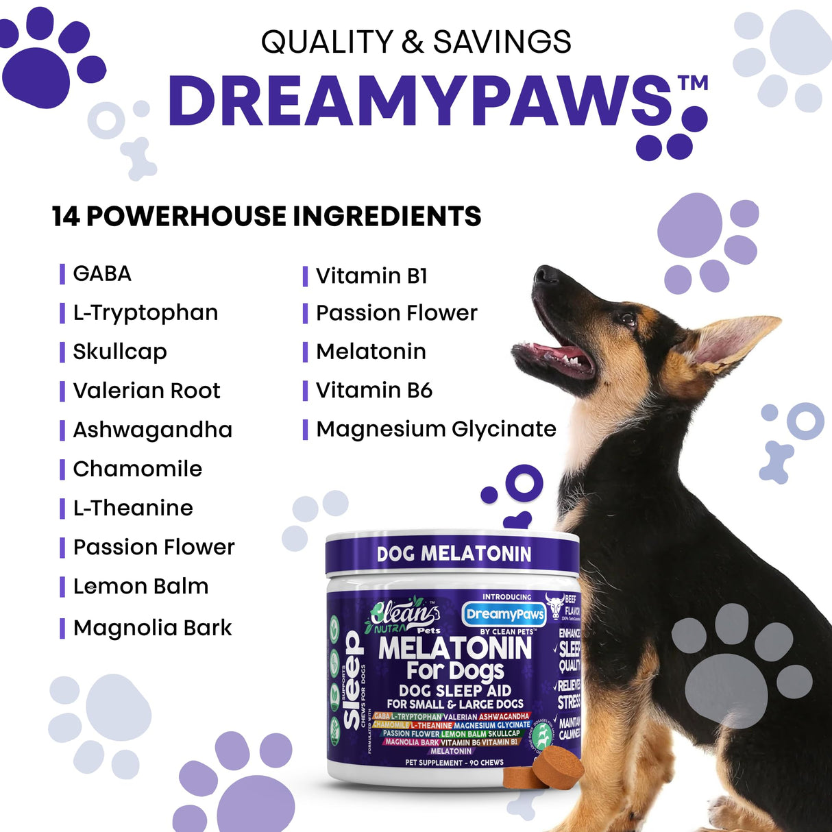 Dreamy Paws Melatonin for Dogs Dog Calming Sleep Supplement - Melatonin GABA Tryptophan Valerian Magnolia Bark Passion Flower Magnesium Ashwagandha Restful Sleep 90 Chews Beef Flavor by Clean Pets