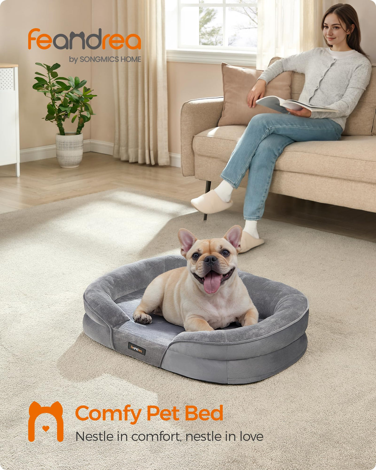 Feandrea Dog Bed, Medium Orthopaedic Dog Sofa Bed, 30 x 20 x 7 Inches, Egg Crate Foam, Waterproof Liner, Raised Edges, Removable and Machine Washable Cover, Non-Slip, Light Gray UPGW281G01