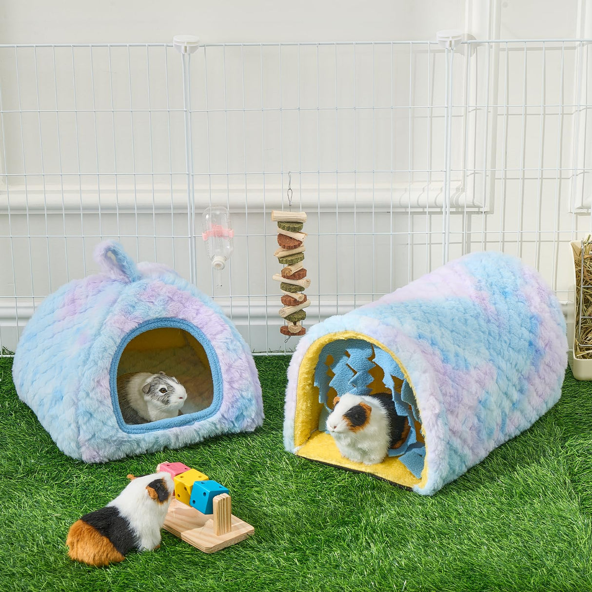 Avont 2 Pack Guinea Pig Hideout Bed and Tunnel Toys Set with Curtain, Washable Soft Plush Bunny Hideaway House Tube Cage Accessories for Small Animal Pet, Rabbits Chinchilla Hamster Ferret Rat -Blue