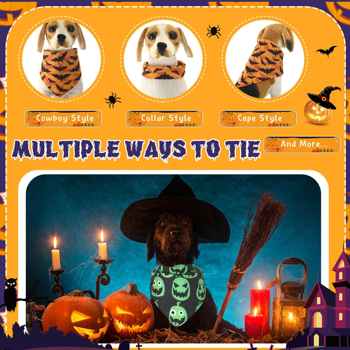 Huhumy 100 Pcs Halloween Dog Bandanas Bulk Pumpkin Ghost Bat Dog Scarf Triangle Pet Neckerchief Bibs Adjustable Washable Pumpkin Puppy Costume Accessories for Grooming Supplies Small to Large Dogs Cat