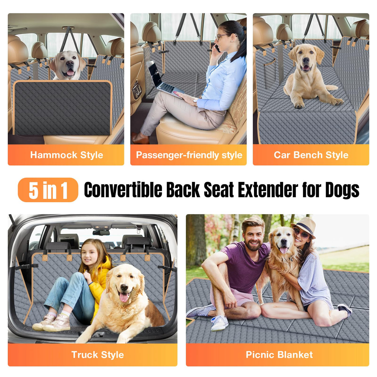 Lekespring Dog Car Seat Cover for Back Seat, Hard Bottom Holds 420lbs Dog Hammock for Cars SUVs Trucks, Easy to Clean, Waterproof Scratch-Proof Nonslip Backseat Extender for Dogs 4 Panels
