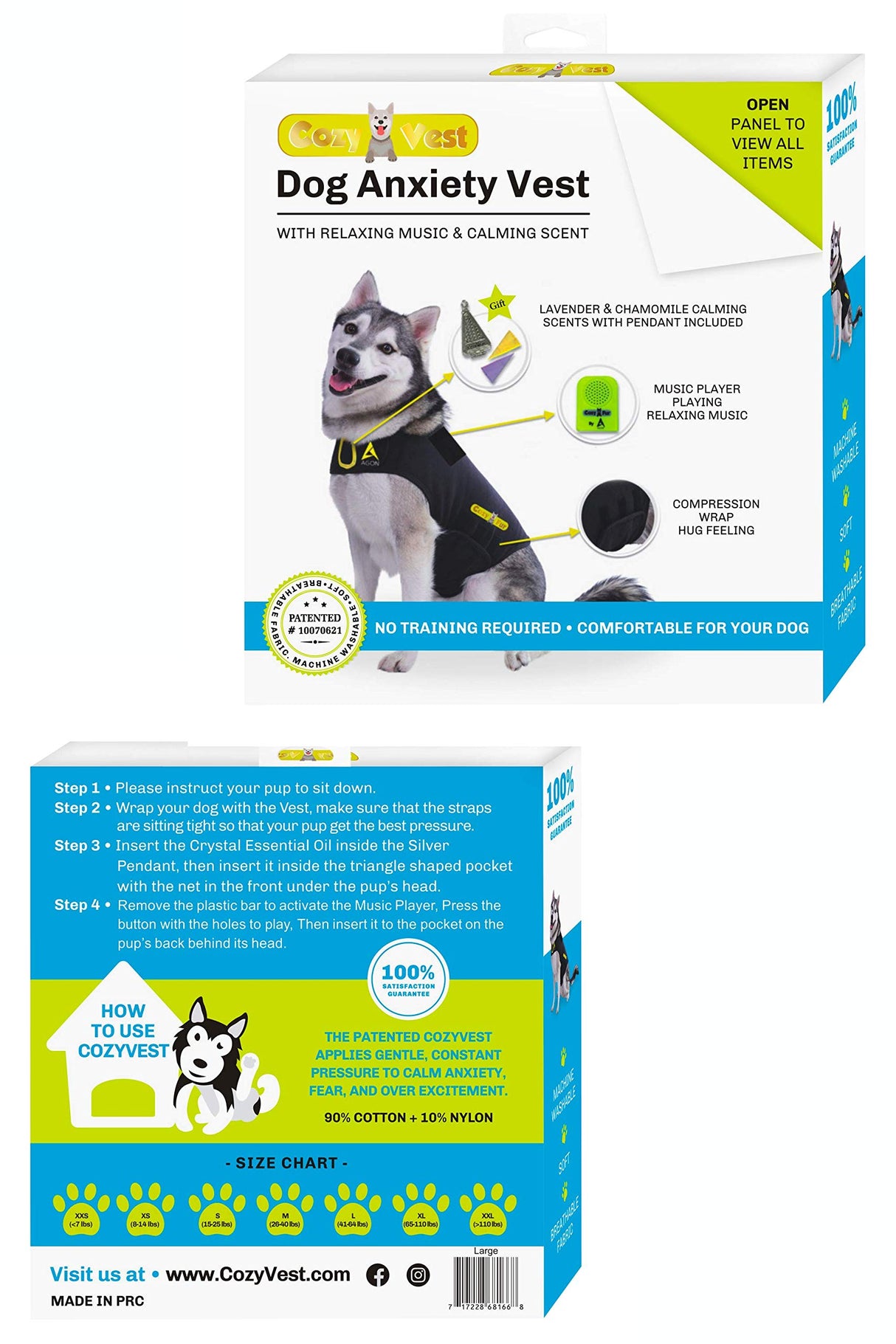 CozyVest® Dog Anxiety Vest 3-in-1 Music & Aromatherapy Shirt, Relaxing Sound & Essential Oils Jacket, Fireworks Thunder Separation & Thunderstorm Canine Stress Relief Coat (Gray, Large [41-64 Lbs])