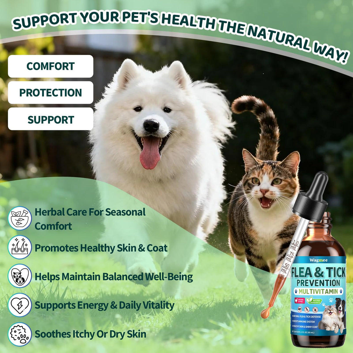 Oral Flea & Tick Support for Dogs and Cats, Natural Flea and Tick Prevention with Multivitamins - Flea Herbal Supplement Drops for Healthy Skin & Shiny Coat Support - All Breeds and Ages - Chicken