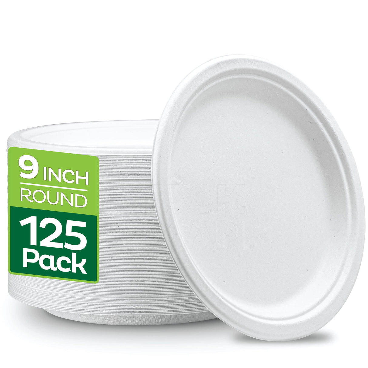 100% Compostable 9 Inch Heavy-Duty [125-Pack] Eco-Friendly Disposable White Bagasse Plate, Made of Natural Sugarcane Fibers - 9" Biodegradable Paper Plates by Stack Man