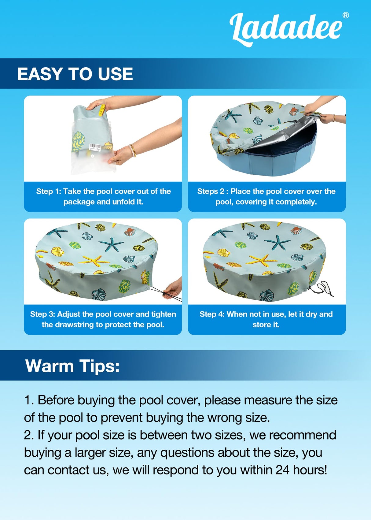 Ladadee Foldable Round Dog Swimming Pool Cover, for 32 "/63“/48” Collapsible Outdoor Tub, PVC Coating Waterproof and UV Protection, Leakproof Washable Kiddie Pet Small Paddling Bath Accessories