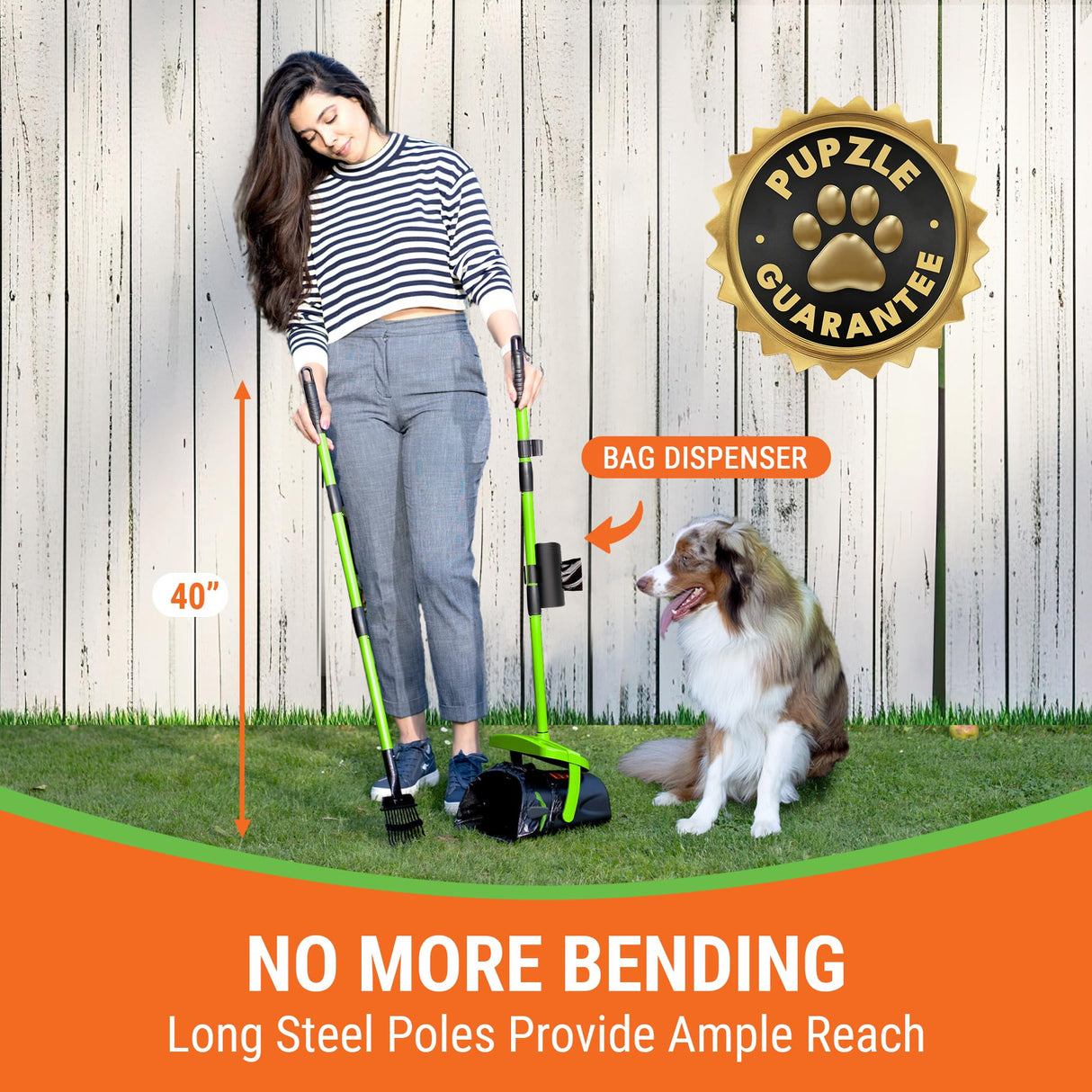 Pupzle Dog Pooper Scooper with Bag Attachment, 40" Long Handle Pooper Scooper for Large Dogs, Dog Poop Scoop for Yard, Large Capacity Swivel Bin and Rake, Lavender Scented Bags (Green)