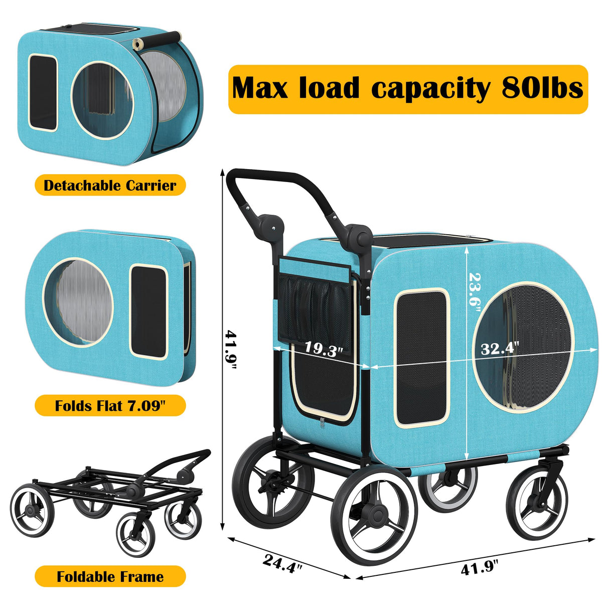 kepptory Dog Stroller with Large Dog House, XL Pet Stroller for 2 Small Dogs with Panoramic Sunroof, Adjustable Handle, Storage Organizer and Sturdy Metal Frame,32.4Lx19.3Wx23.6H(House Size)
