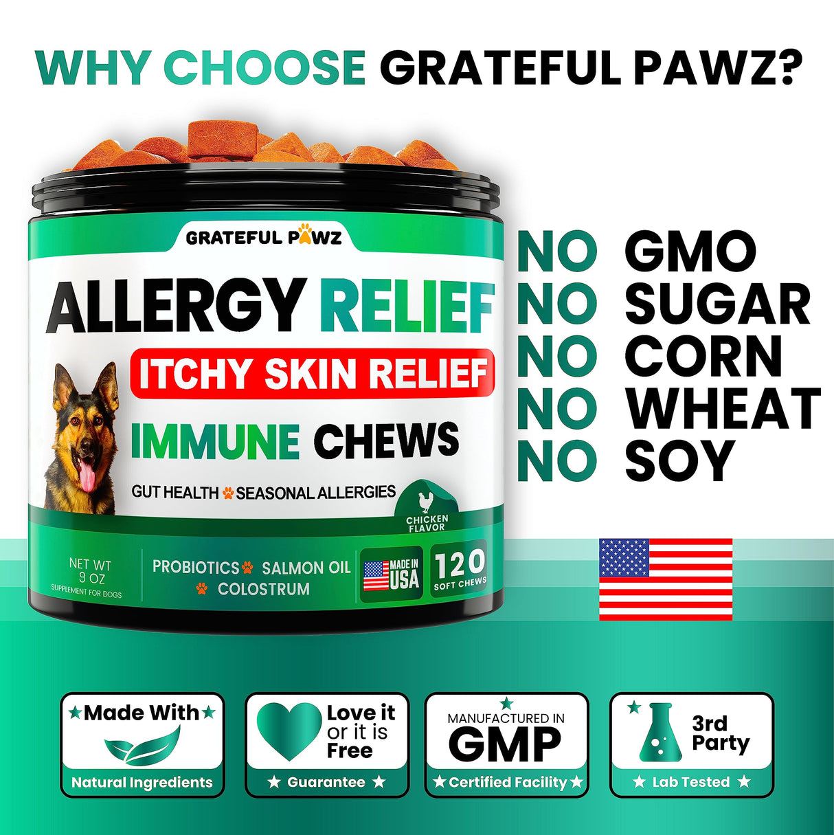 Dog Allergy Relief Chews - Dog Itch Relief - Probiotics, Omega 3 Fish Oil + Colostrum - Itchy Skin - Seasonal Allergies - Anti Itch Support & Hot Spots - Immune Health Supplement - Made in USA
