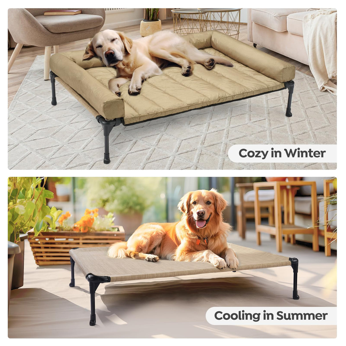 Veehoo Cooling Elevated Dog Bed Add Removable Waterproof Bolster Cushion Mat, Raised Pet Cot with Breathable Teslin Mesh, No-Slip Feet, Dog Couch Bed for Indoor Outdoor, 42x30inches, Beige, CWC2331B
