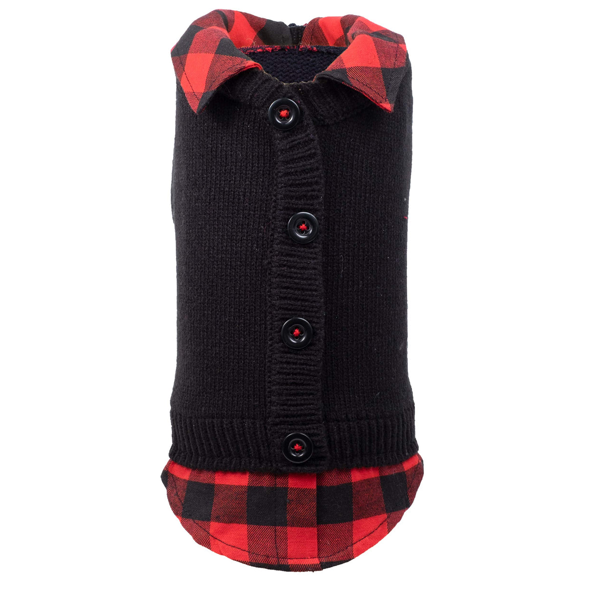 THE WORTHY DOG Two-Fer Cardigan Dog Sweater – Warm Pullover Dog Clothes with Plaid Collar, Faux Buttons & High-Cut Belly - Black, Large