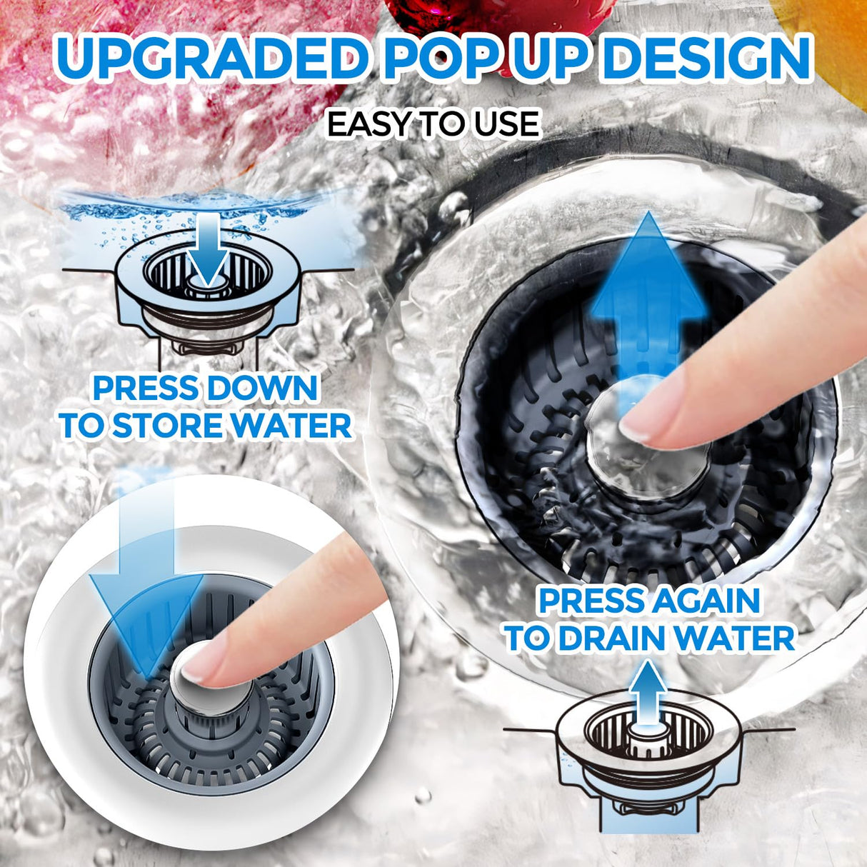 2 Pack Sink Drain Strainer, Sink Stopper, 3 in 1 Stainless Steel Kitchen Sink Drain Strainer with Anti-Clogging Basket, Fit US Standard 3-1/2 Inch Drain Hole