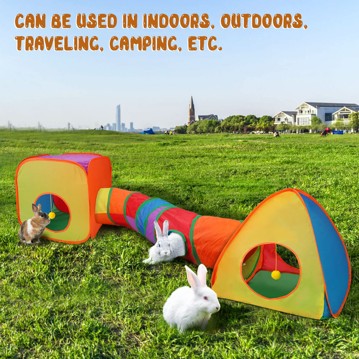 YUEPET Rabbit Tunnel and Cube Collapsible Tent Bunny Interactive Crinkle Tunnel Toys Small Animal Hideout with Play Ball for Dwarf Rabbit Bunny Guinea Pig (Rainbow)