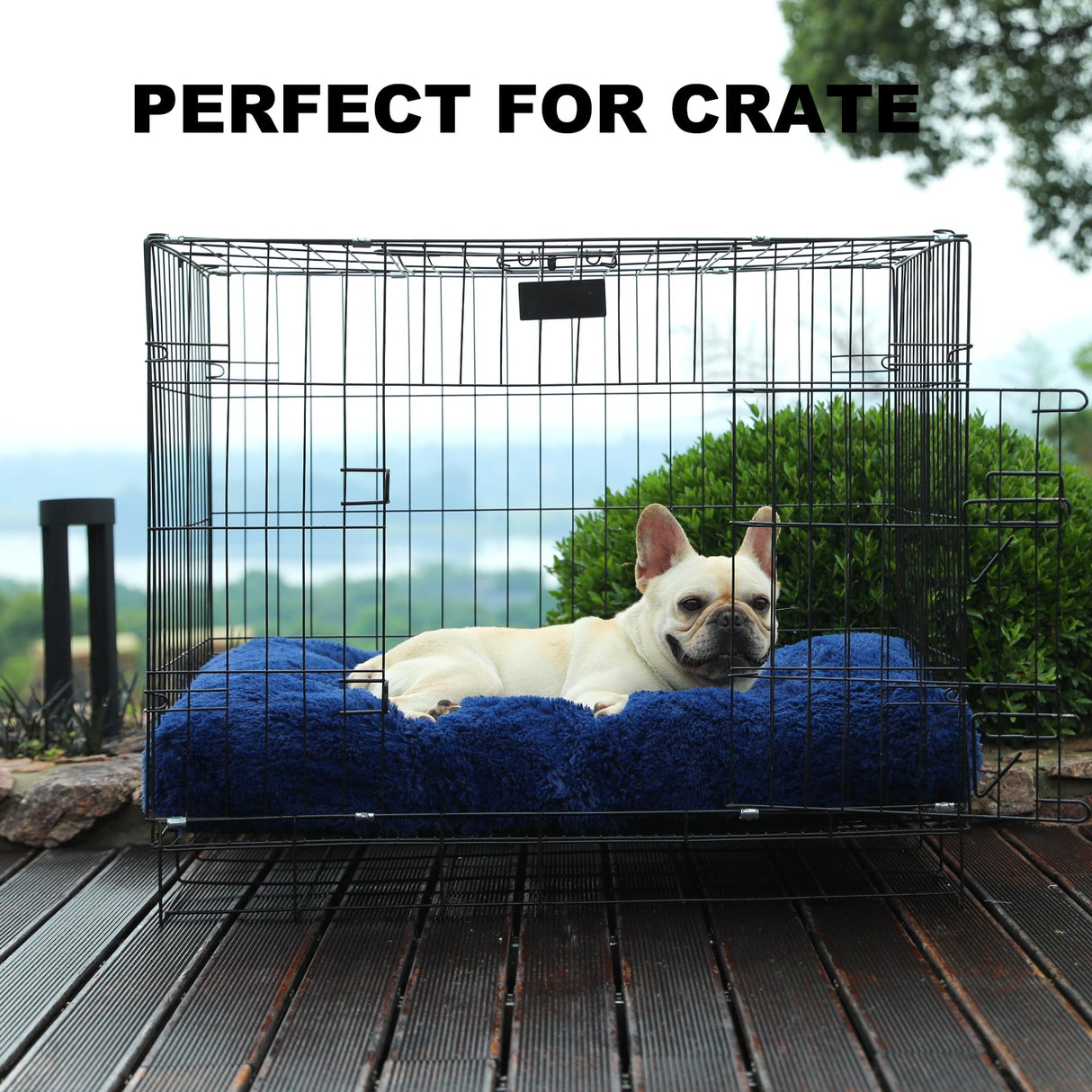 Bedfolks Waterproof Dog Crate Pad, Plush With Removable Cover, Faux Fur for Large Dogs, Fluffy Washable Kennel Bed 35"x23", Solid Dark Blue