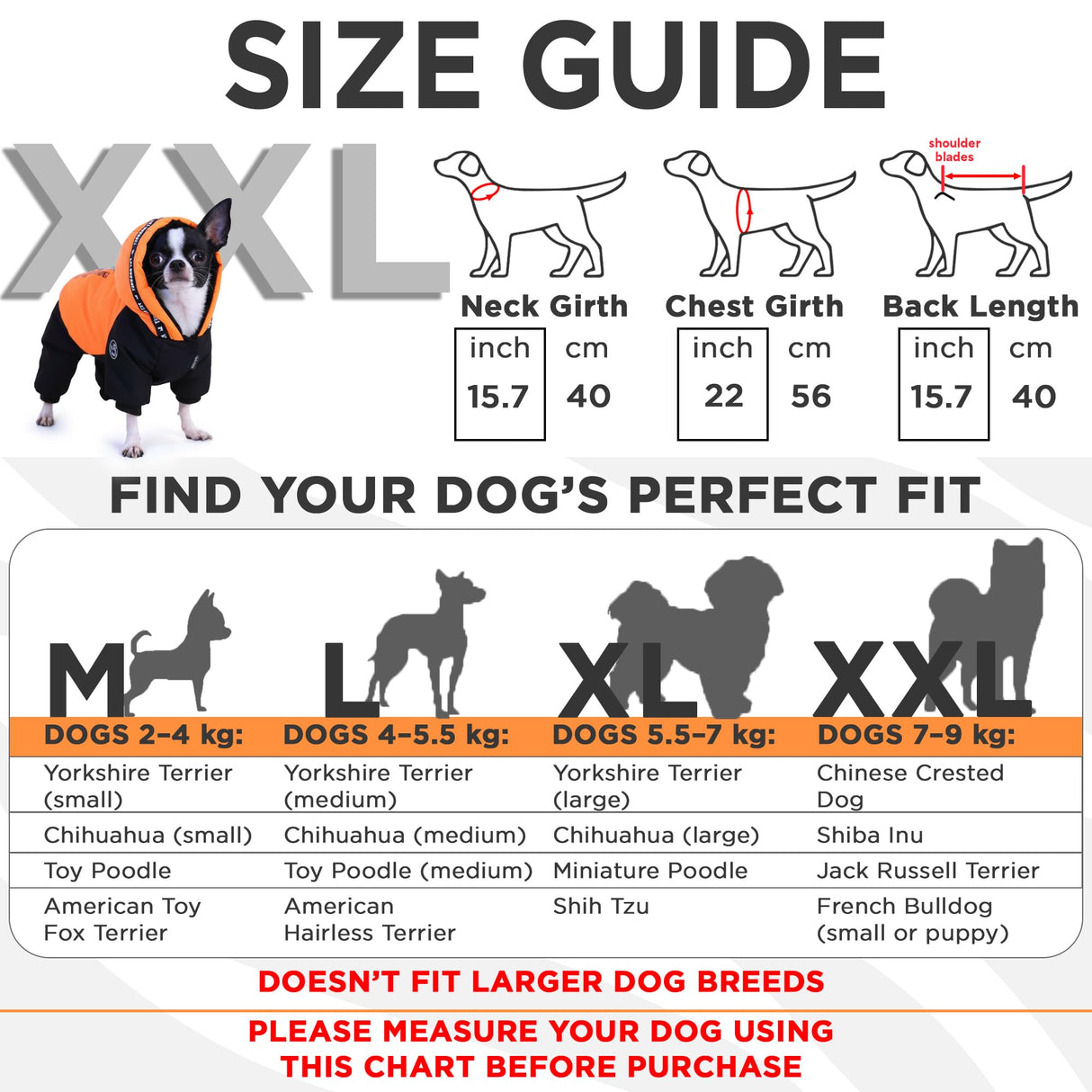 PETBARONET Waterproof Full Body Winter Jacket for Dogs, Dogs Snowsuit, Perfect for Cold Weather, Ideal for Small and Medium Breeds (Orange, XXL:Chest 22'', Length: 15.7'')
