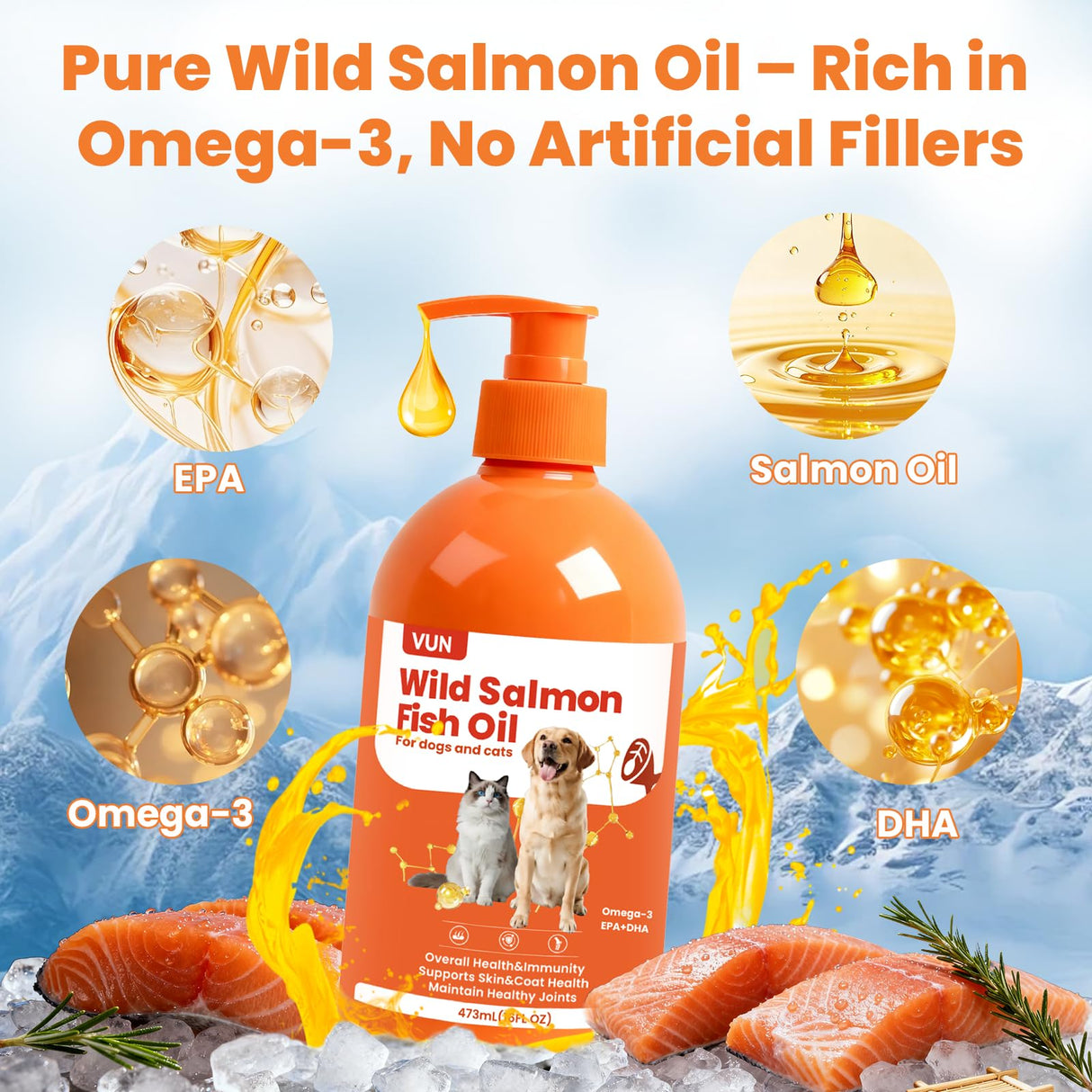 VUN Salmon Fish Oil for Dogs & Cats,Omega 3 Fish Oil Supplement for Itchy Dry Skin Coat,Allergy Relief,Joints&Paws,Brain,Eyes&Heart Treatment,Wild Liquid Fish Oil for Dogs by Pump with EPA DHA–16 oz