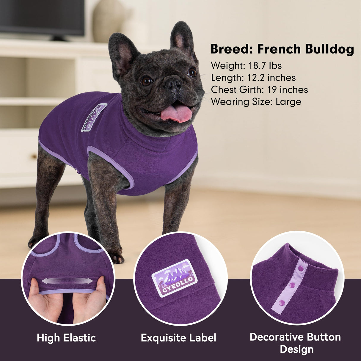 cyeollo Fleece Dog Sweater, Pullover Dog Fleece Jacket Turtleneck Sweatshirt Stretchy Vest Warm Lightweight Winter Clothes for Small Dogs, Purple L