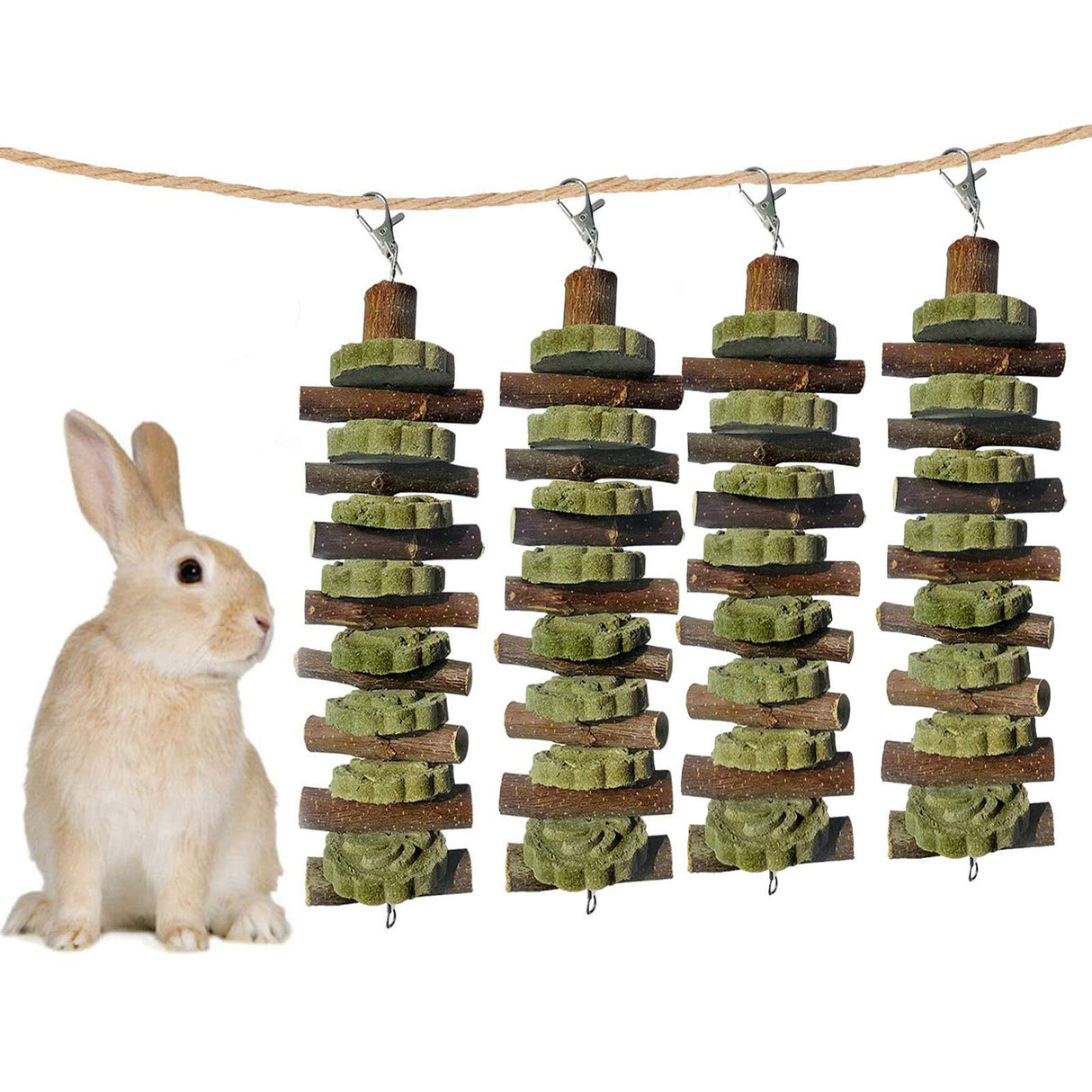 kathson 4PCS Bunny Chew Toys for Teeth Grinding, Chinchilla Treats Organic Bamboo Sticks Natural Fruitwood Branches for Rabbits Guinea Pigs Hamsters (Fruitwood Sticks+Alfalfa Cakes)