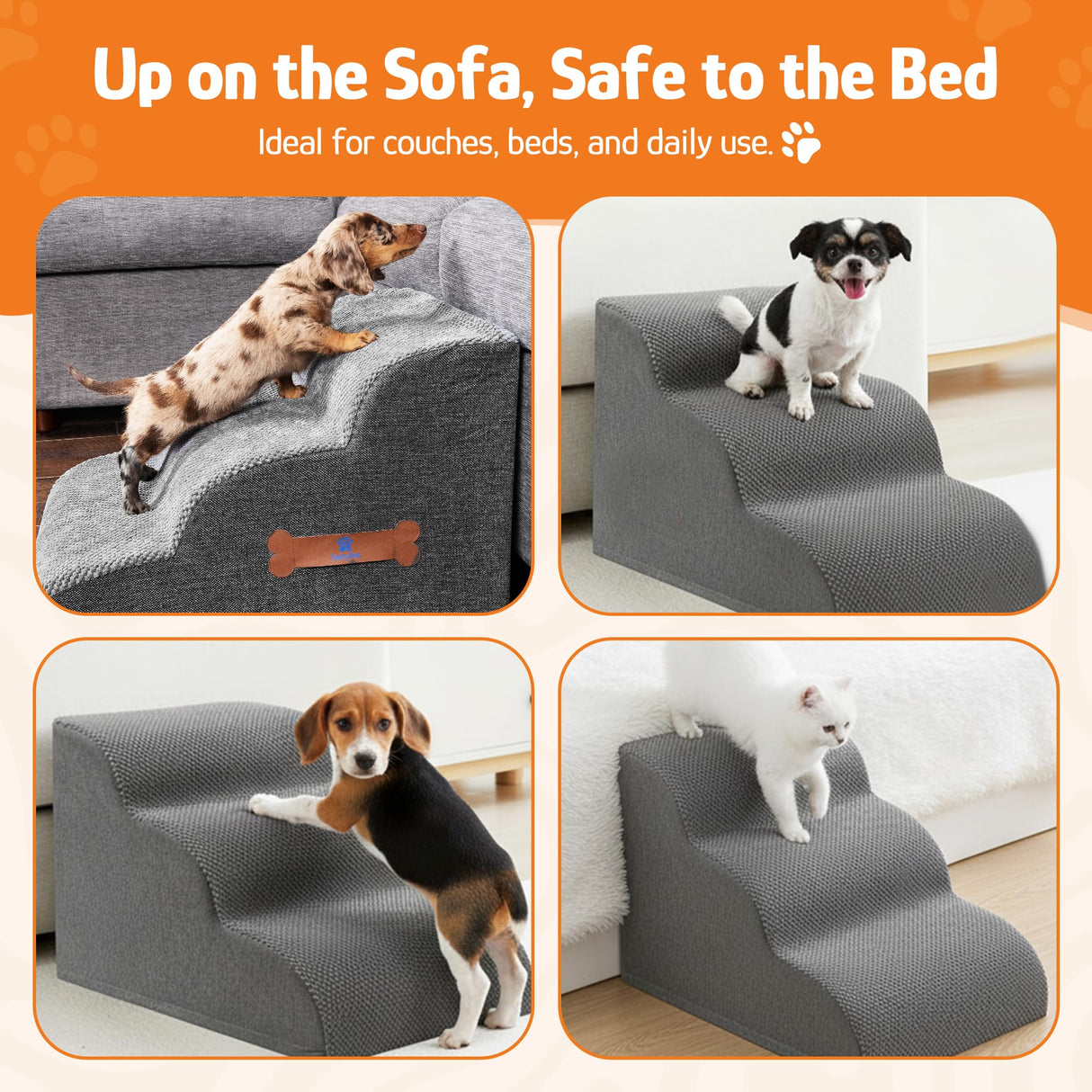 Dog Stairs for Small Dogs, 3-Step Dog Ramp for Bed Chair and Couch, Pet Stairs for Cats with Durable Non-Slip Waterproof Cover, Indoor Pet Steps, Comfortable, Grey