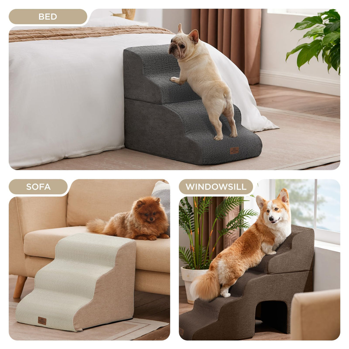 Joydeco Dog Stairs for Bed 17.1" H, 3-Step Pet Steps for Small Dogs and Cats, Dog Steps for High Bed, Non-Slip Balanced Ramp Indoor Pet Stairs, Brown