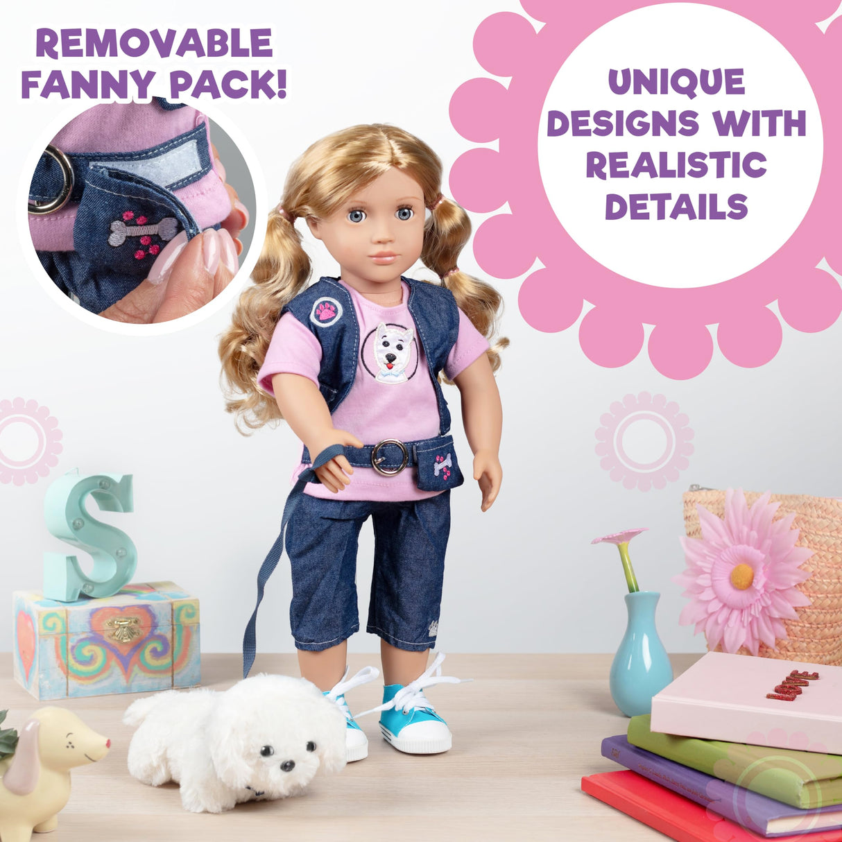7pc Dog Walker Outfit w Pet Puppy- 18" Doll Clothes & Accessories Compatible w American Girl Dolls- Set Includes T-Shirt, Vest, Pants, Belt, Shoes, Dog Plush & Leash- Perfect Easter Basket Stuffer