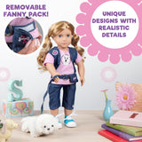 7pc Dog Walker Outfit w Pet Puppy- 18" Doll Clothes & Accessories Compatible w American Girl Dolls- Set Includes T-Shirt, Vest, Pants, Belt, Shoes, Dog Plush & Leash- Perfect Easter Basket Stuffer
