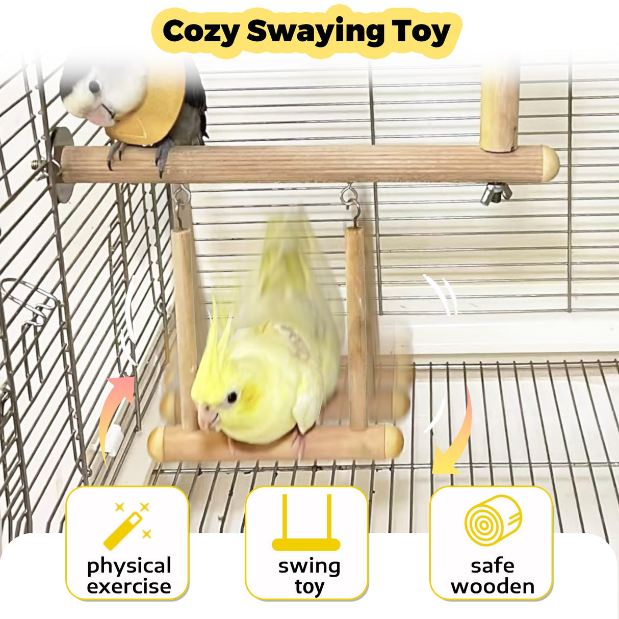 Jevnd Bird Perch & Swing Toy Combo, Bird Toys for Parrots with 360° Spin Function, Hanging Parakeet Swing Birds Cage Accessories Toys, Multi-functional Wooden Birds Activity Gym for Cockatiel Lovebird