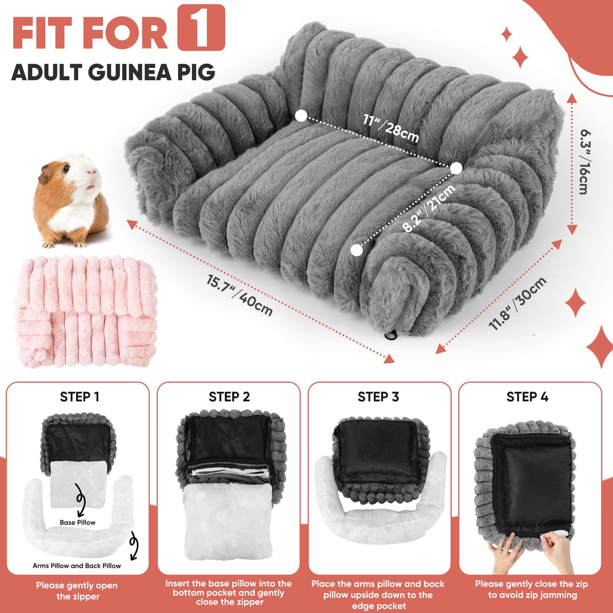 ONEJU Guinea Pig Couch - Fluffy Small Pet Sofa with with Two Removable Washable Covers, Guinea Pig Bed with Stuffed Arms and Back, Super Cozy Corduroy Fleece, Pink and Dark Gray Respectively