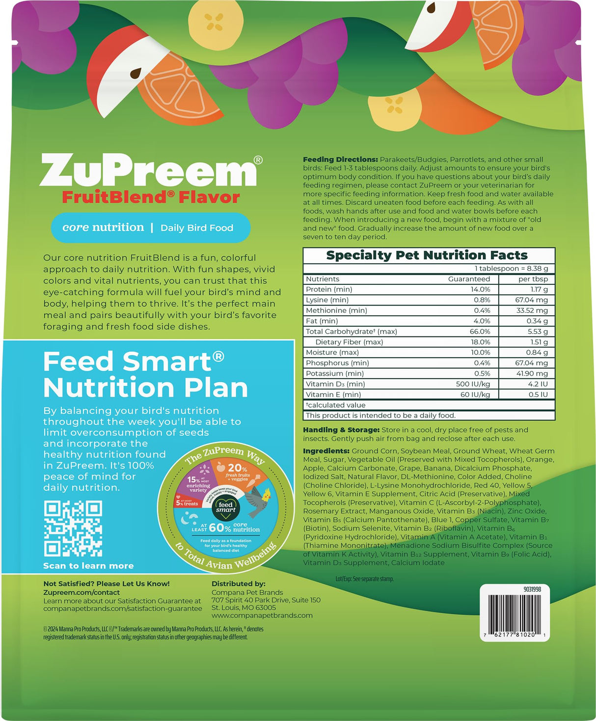 ZuPreem FruitBlend Flavor Pellets Bird Food for Small Birds, 2 lb (Pack of 2) - Daily Blend Made in USA for Parakeets, Budgies, Parrotlets