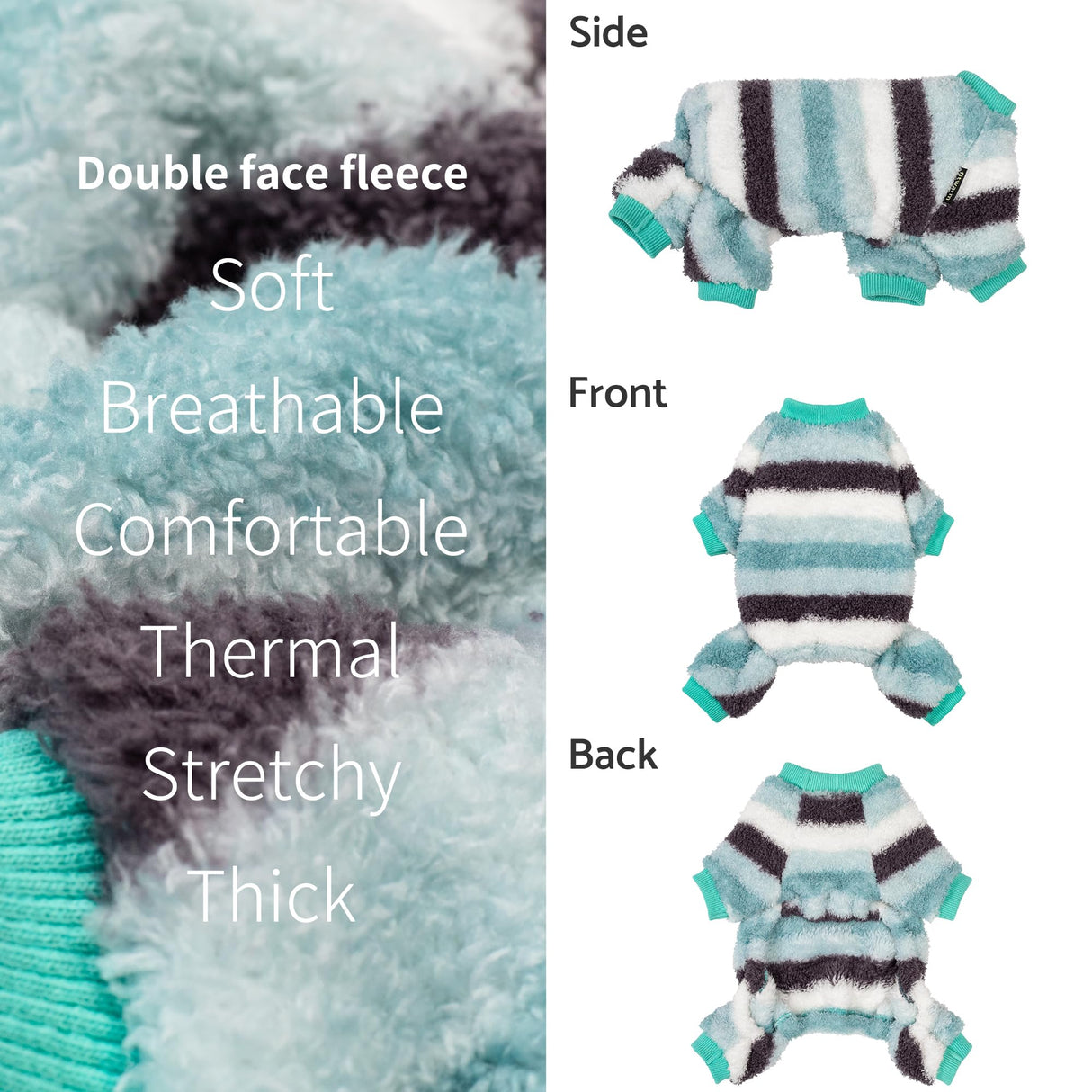 Fitwarm Fuzzy Striped Dog Fleece Pajamas, Warm Winter Clothes for Small Dogs Boy Girl, Cozy Pet Onesie with Feet, Light Sea Green, Black, White, XL