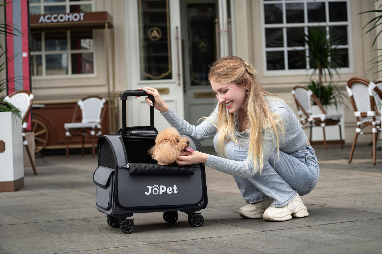 JoPet Pet Bag Carrier with Wheels, Pet Backpack with Wheels, Small Dog Carrier, cat Carrier, Detachable Wheels, Travel Bag, Pet Trolley, Soft Sided Carrier with Wheels, Foldable Carrier (Oat Grey)