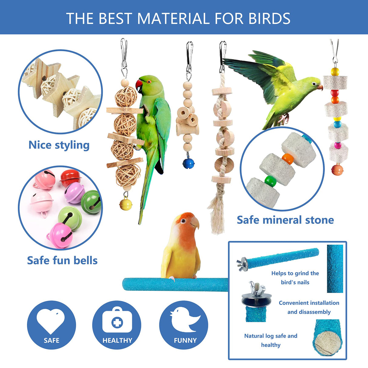 Sysmashing 22 Packs Bird Parakeet Cockatiel Toys,Parrot Swing Chewing Hanging Toy with Safe Bells,Bird cage Colorful Climbing Standing Rope Natural Wood Ladder Bungee Toys