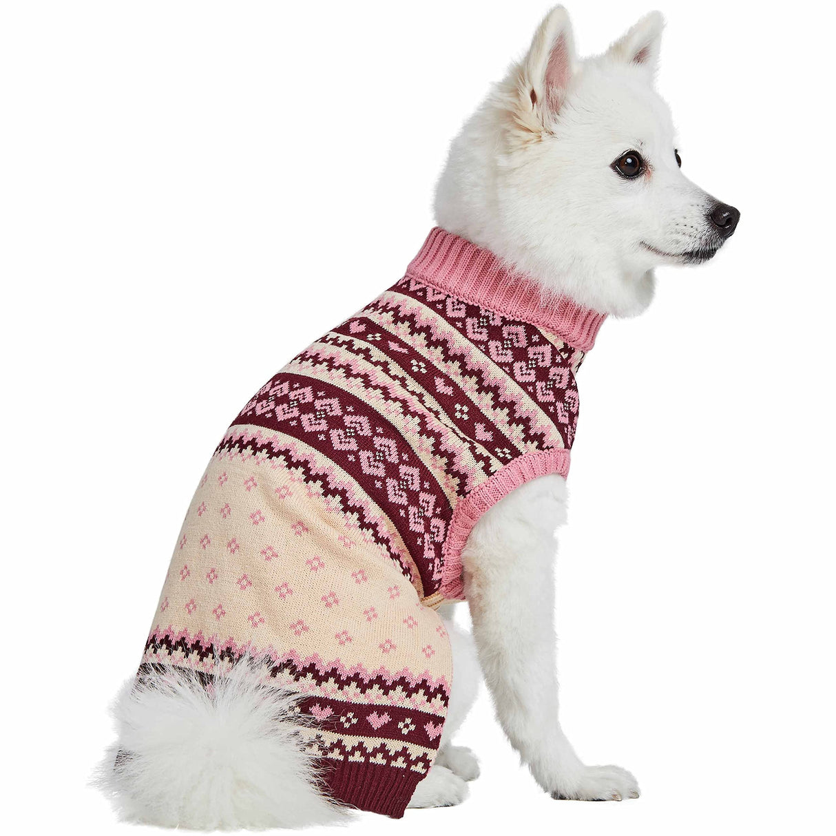 Blueberry Pet Heart Designer Chic Turtleneck Fair Isle Fall Winter Pullover Dog Sweater in Pink, Back Length 10", Warm Clothes for Small Dogs
