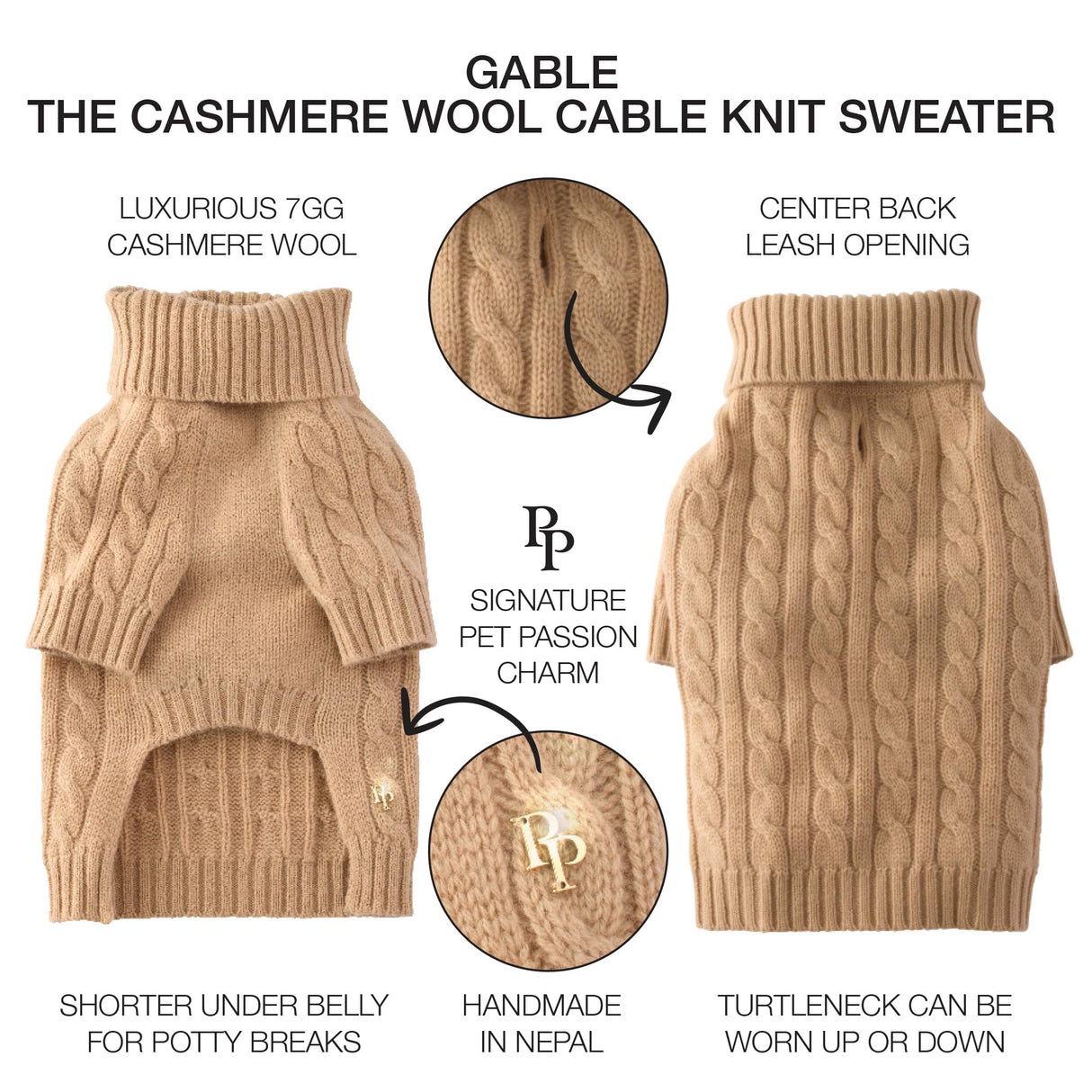 Gable – The Cable Knit Sweater Cashmere Wool Pet Pullover for Small, Medium and Large Dogs, Camel, XX-Small