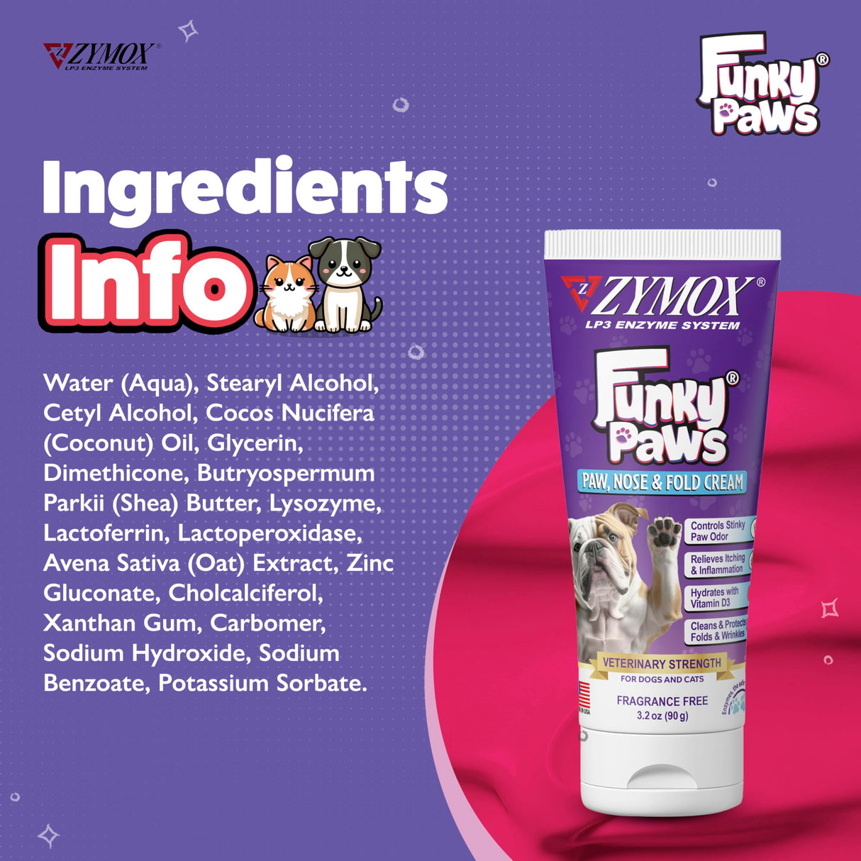 Zymox Funky Paws - Paw, Nose & Fold Cream for Dogs & Cats - Veterinary Strength - Reduces Corn Chip Feet Smell - Hydrates & Soothes The Skin - Relieves Itching & Irritation - Fragrance Free - 90g