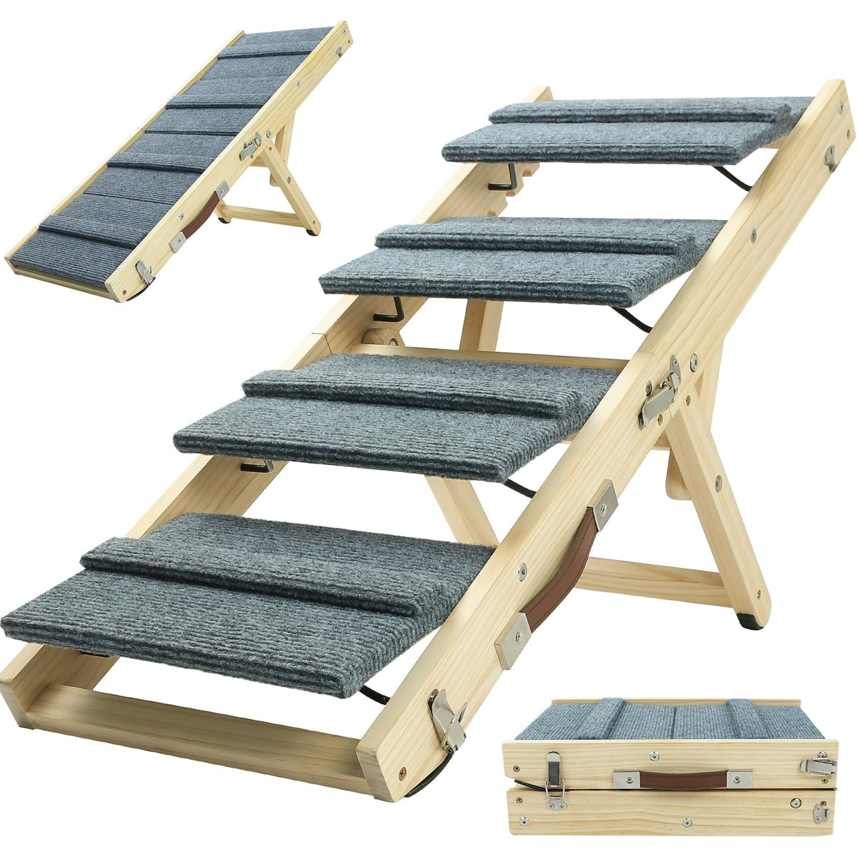 TNELTUEB Dog Ramp, 2-in-1 Dog Stairs for Small Dogs, 32.6" Long, Adjustable 8.5"-18" Pet Ramp with Non-Slip Traction Mat, Folding Portable Wooden Dog Steps for Bed, Couch, Car, Rated for 30 LBS (Grey)