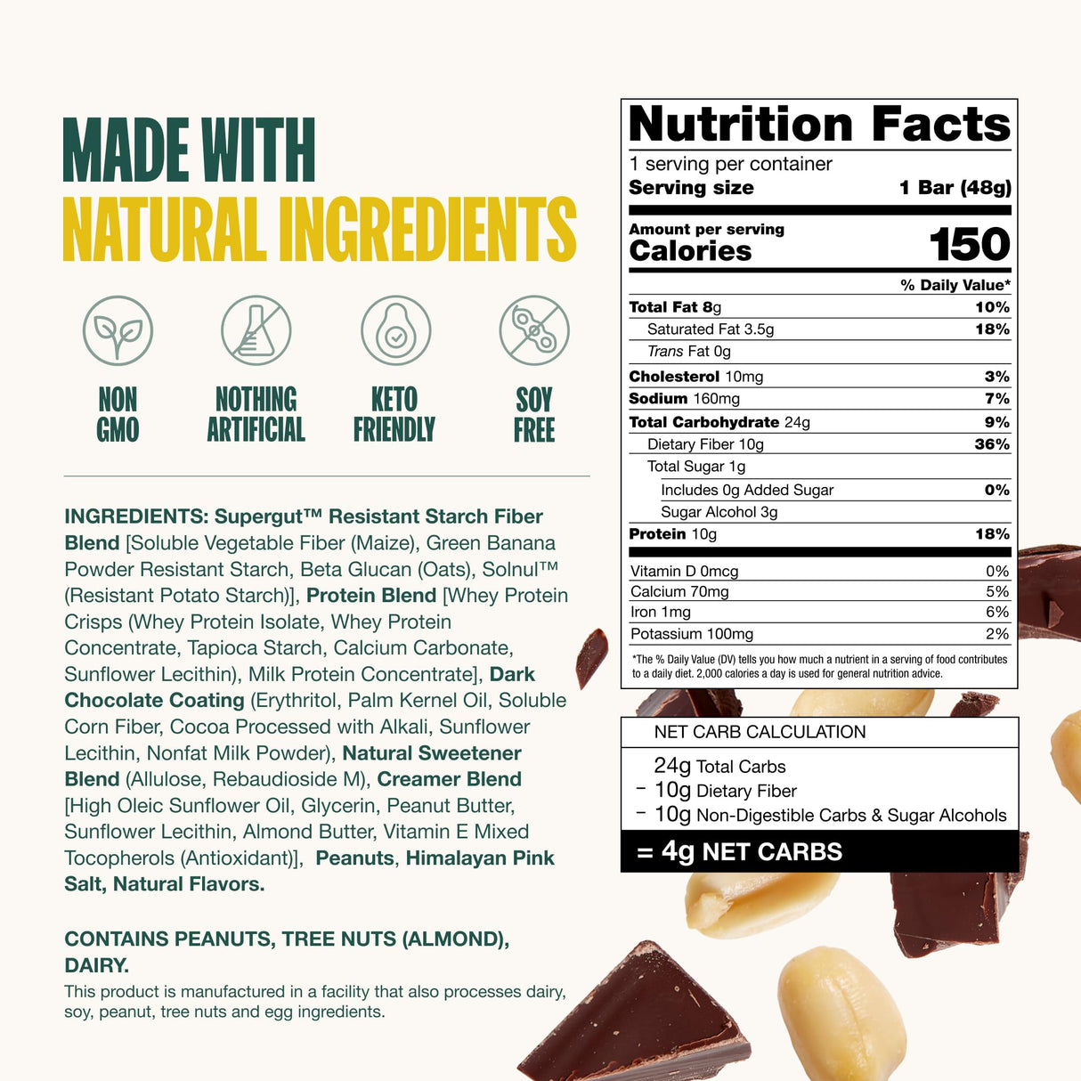 Supergut Prebiotic Bars | Meal Replacement | Boost GLP-1 | High Fiber and Protein | No Added Sugar | Keto Food, Snack (Peanut Butter Chocolate, 12 Count)