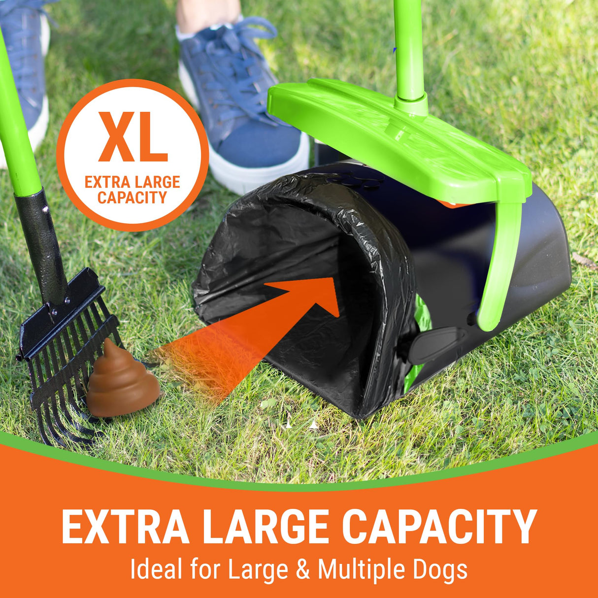 Pupzle Dog Pooper Scooper with Bag Attachment, 40" Long Handle Pooper Scooper for Large Dogs, Dog Poop Scoop for Yard, Large Capacity Swivel Bin and Rake, Lavender Scented Bags (Green)
