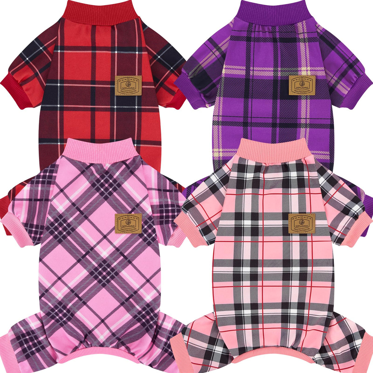 XPUDAC 4 Pack Plaid Dog Pajamas Outfits Cozy Doggy Clothes for Small Medium Dogs Girl Boy Puppy Onesie for Christmas Pet Pjs Jammies, 2XL