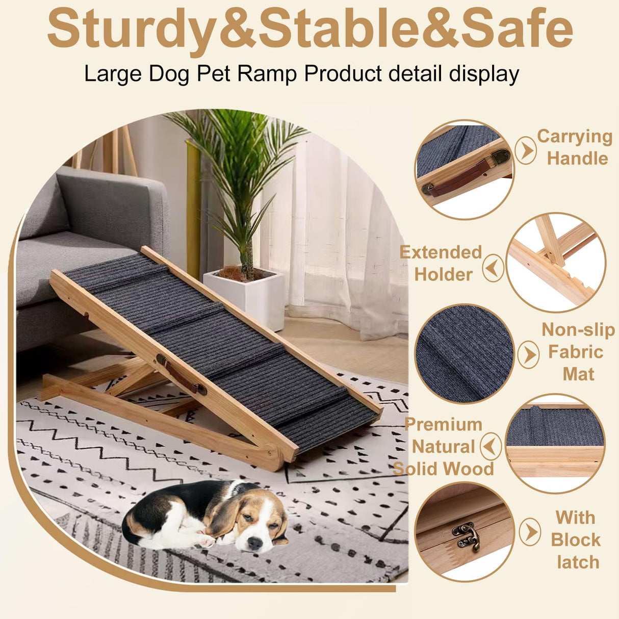 Foldable Wooden Dog Ramp & Pet Stairs - 5-Level Non-Slip Pet Steps for Dogs & Cats, Balanced Indoor/Outdoor Use