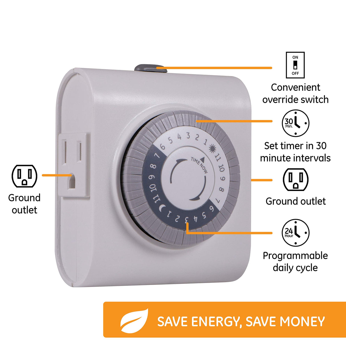 GE 24-Hour 2 Grounded Outlets Mechanical Outlet Timer, Timers for Electrical Outlets Indoor, Light Timers Indoor, Daily ON/OFF Cycle, Lamp and Christmas Light Timer, Indoor Light Timer, 3 Pack, 66404