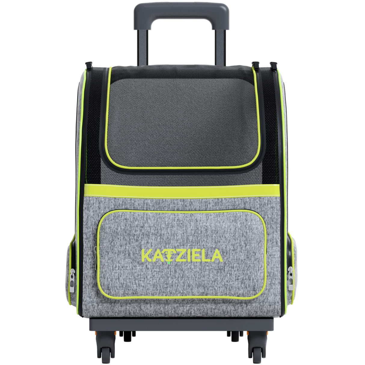Katziela Wheeled Pet Carrier Backpack - Soft Sided, Airline Approved Hiking Carrying Bag for Small Dogs and Cats – Removable Rolling Wheels – Mesh Ventilation Windows, Storage Pockets (Green/Gray)
