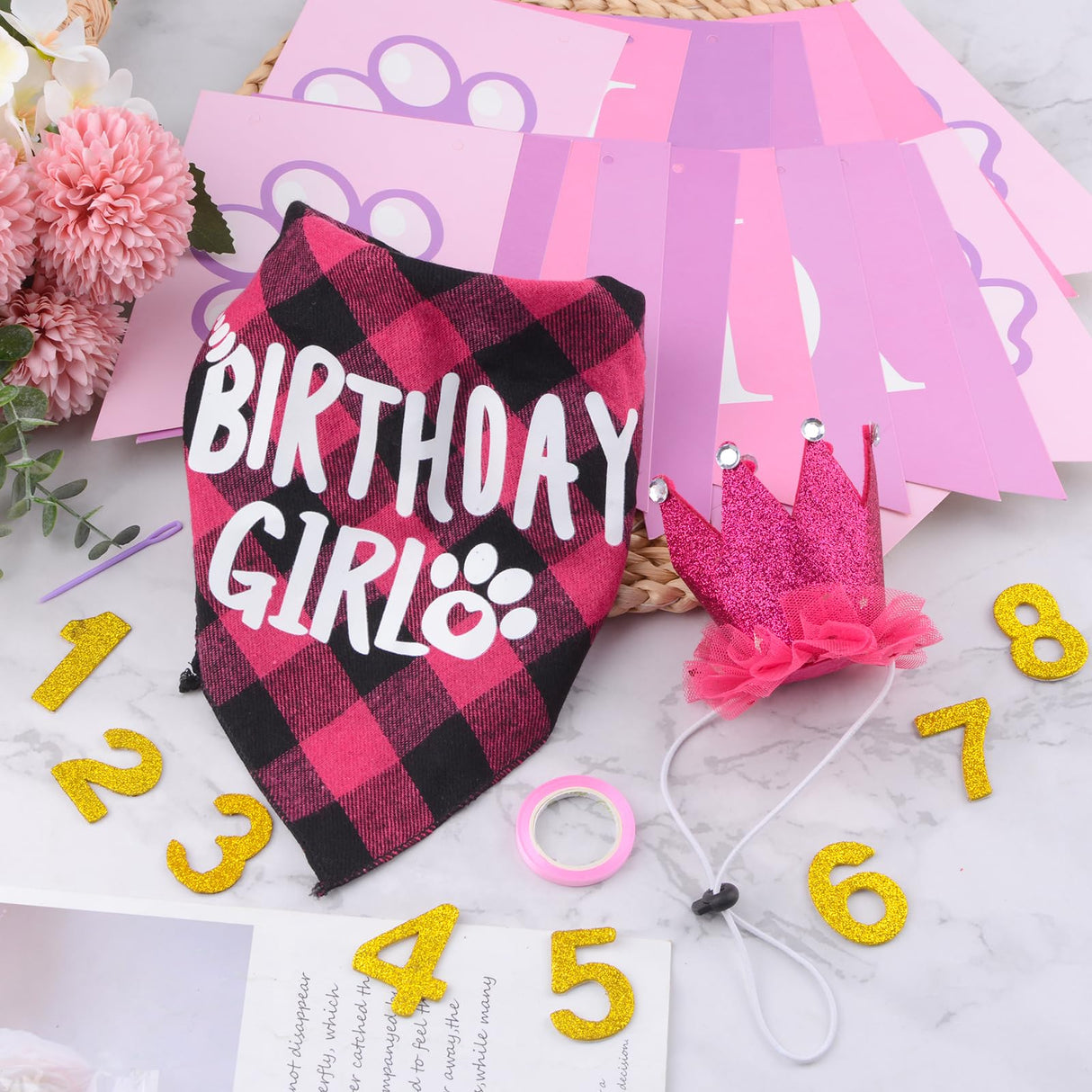 HACRAHO Dog Birthday Bandana Hat Set，1 Set Puppy Birthday Party Supplies for Girl Dogs Dog Birthday Decorations with Birthday Numbers Pet Party Hats Scarf Banner Set for Small Medium Dogs(Red)
